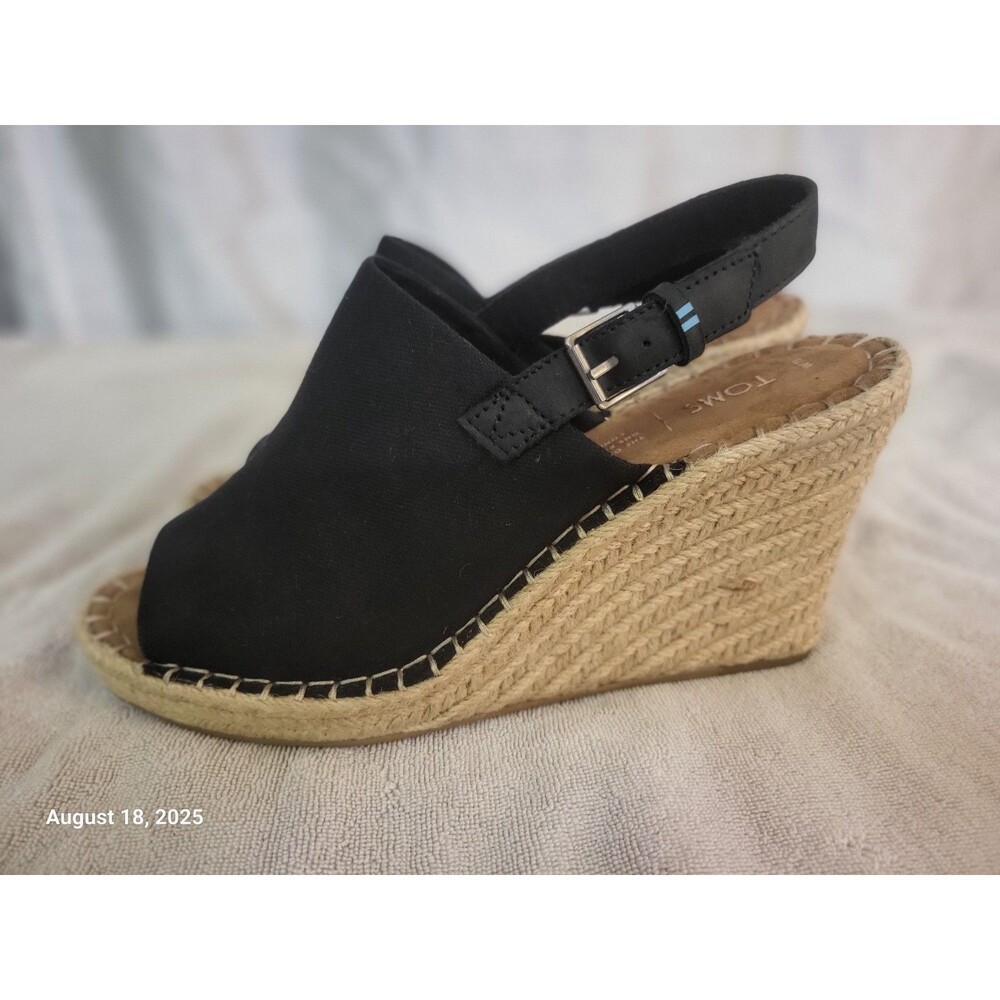 Toms Wedge Women 11 Espadrille Black Platform Slingback Shoe Sandal Open Monica